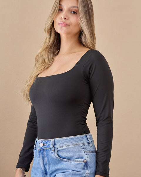 Body Escote Cuadrado Manga Larga Negro