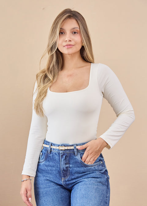 Body Escote Cuadrado Manga Larga Blanco Hueso