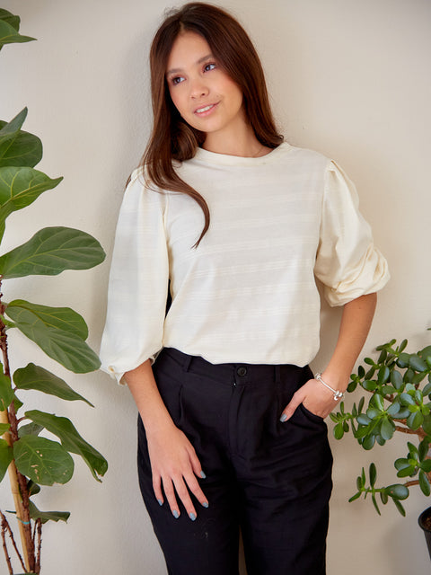 Camiseta Manga Larga con Cuello Redondo Beige