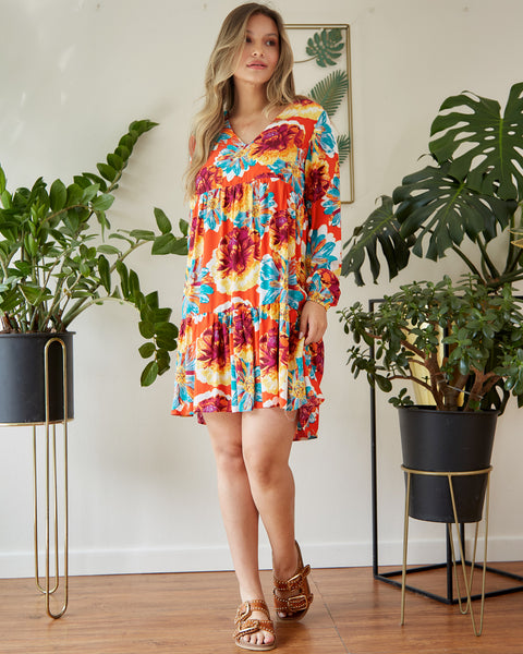 Vestido Corto Manga Larga con Elastico Coral