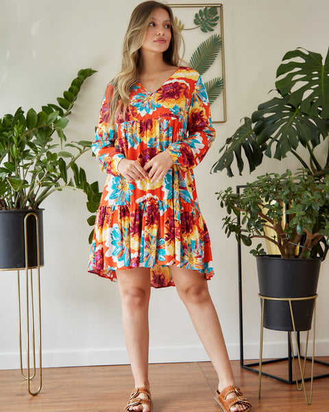 Vestido Corto Manga Larga con Elastico Coral