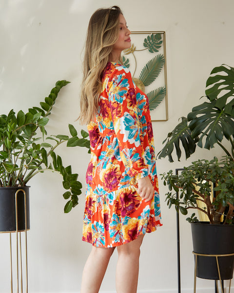 Vestido Corto Manga Larga con Elastico Coral