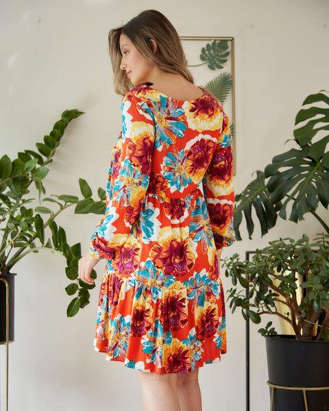 Vestido Corto Manga Larga con Elastico Coral