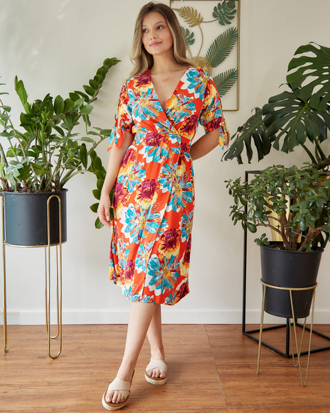 Vestido Cruzado Manga Corta Flores Naranja