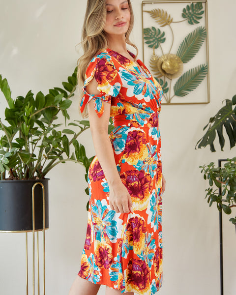 Vestido Cruzado Manga Corta Flores Naranja