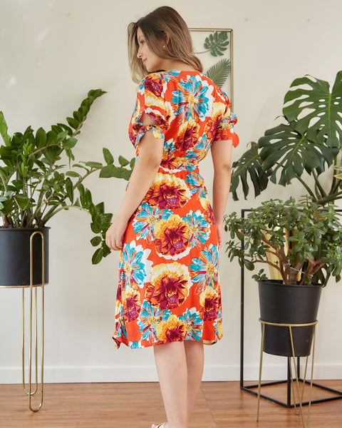 Vestido Cruzado Manga Corta Flores Naranja