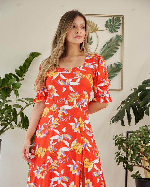 Vestido Escote Corazón Flores Rojas