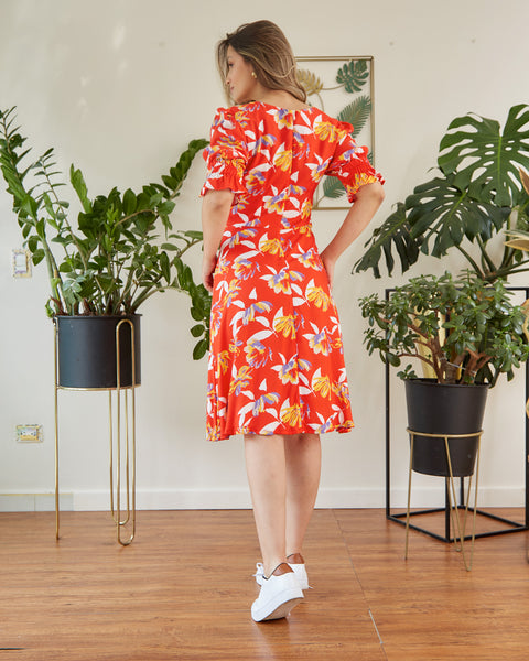 Vestido Escote Corazón Flores Rojas