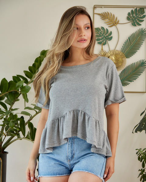 Camiseta Manga Corta Peplum Gris