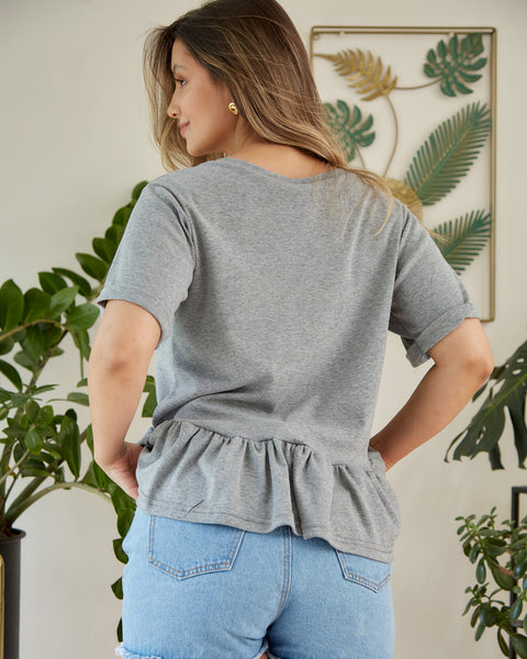 Camiseta Manga Corta Peplum Gris