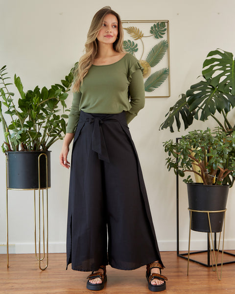 Pantalón Envolvente con Tira de Amarre Negro