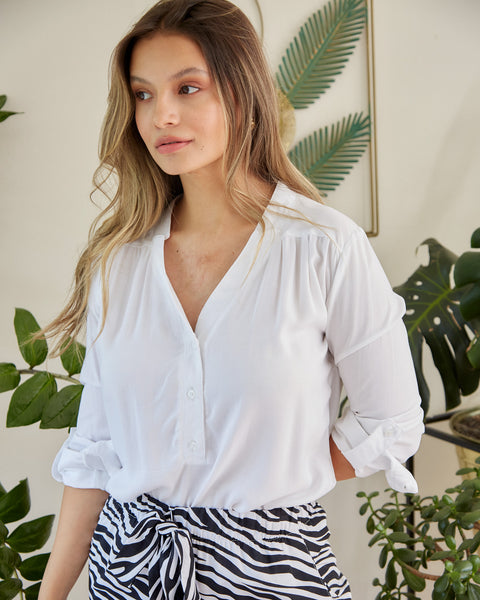 Camisa Cuello En V Manga Larga Blanco