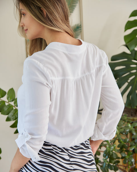 Camisa Cuello En V Manga Larga Blanco
