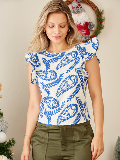 Blusa Manga Sisa con Boleros en Popelina Flores Azules