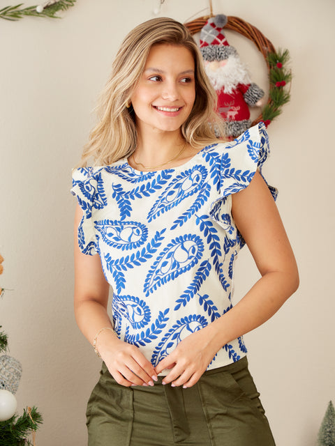 Blusa Manga Sisa con Boleros en Popelina Flores Azules