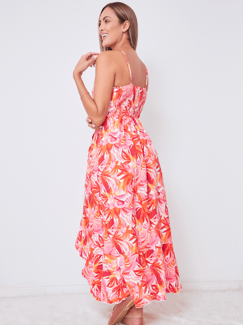 Vestido Cruzado Monstera Flores Naranja