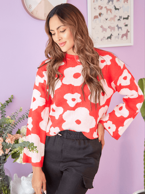 Buzo Tejido Floral Rojo