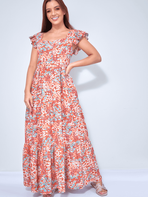 Vestido Manga Bolero con Anudable en Espalda Flores Naranja