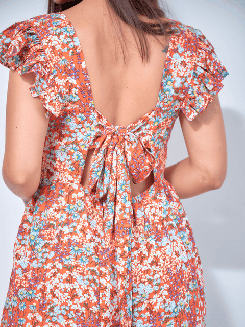 Vestido Manga Bolero con Anudable en Espalda Flores Naranja