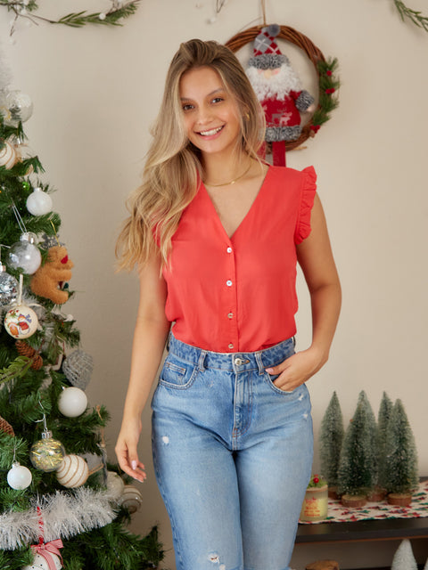 Blusa Manga Sisa con Escote en V Rojo