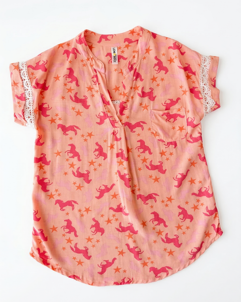 Blusa Cuello en V Caballos Rosa