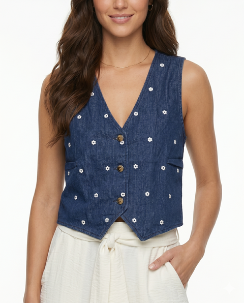Chaleco Denim Boho Bordado Azul Oscuro