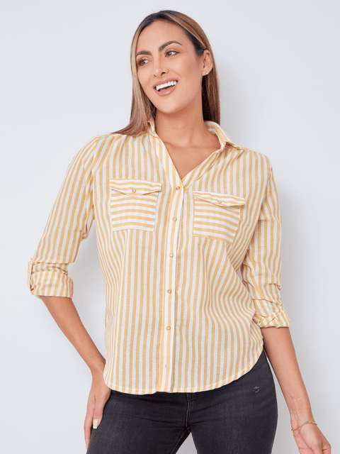 Camisa Manga Larga con Bolsillos Mostaza Rayas