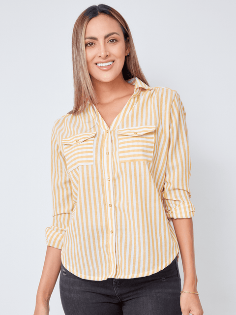 Camisa Manga Larga con Bolsillos Mostaza Rayas