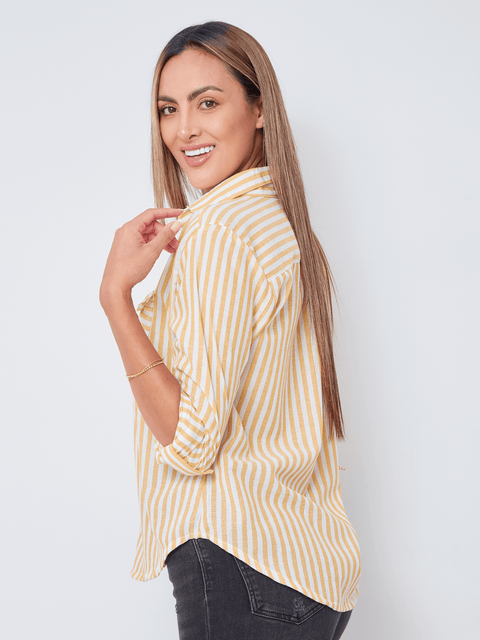 Camisa Manga Larga con Bolsillos Mostaza Rayas
