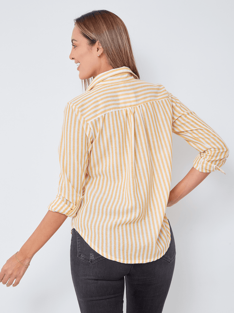 Camisa Manga Larga con Bolsillos Mostaza Rayas