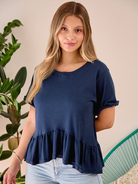 Camiseta Manga Corta Peplum Azul Oscuro