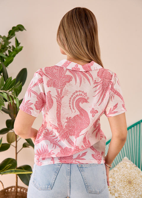 Camisa Manga Corta con Cuello Smoking Flores Rosado