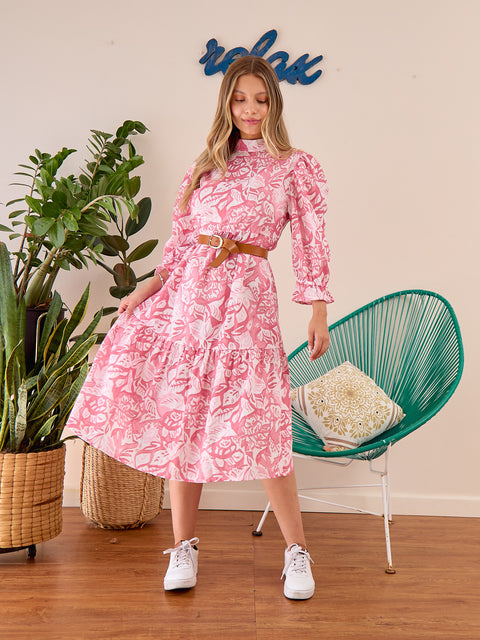 Vestido Manga Puff Flores Rojas