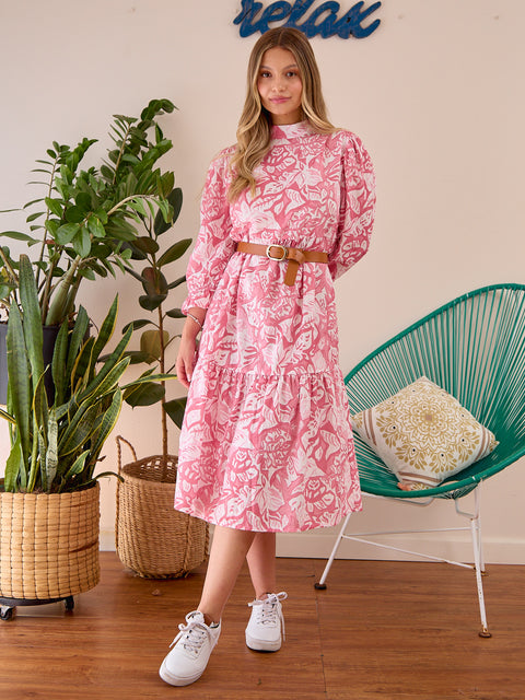 Vestido Manga Puff Flores Rojas
