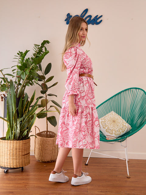 Vestido Manga Puff Flores Rojas