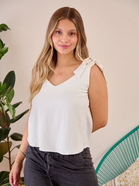 Blusa de Tiras Anudables en el Hombro Blanco