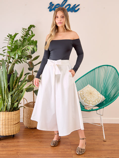 Pantalón Tipo Culotte con Pretina Ancha Beige
