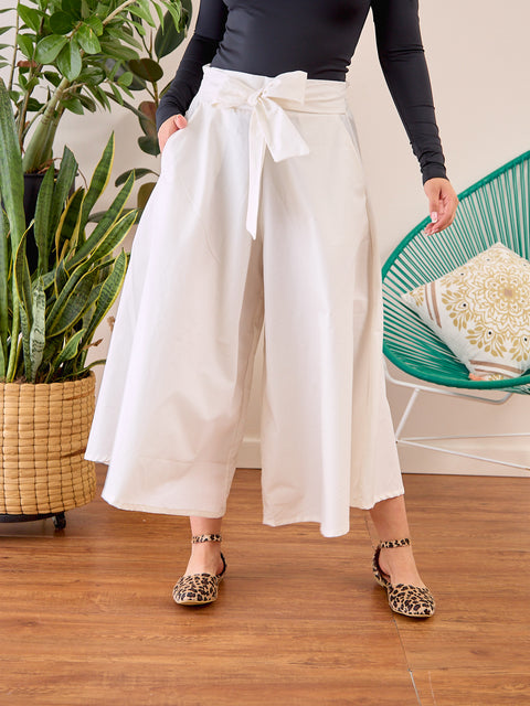 Pantalón Tipo Culotte con Pretina Ancha Beige