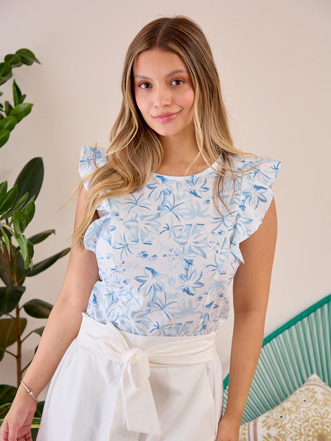 Camiseta Manga Sisa con Boleros Flores Azules