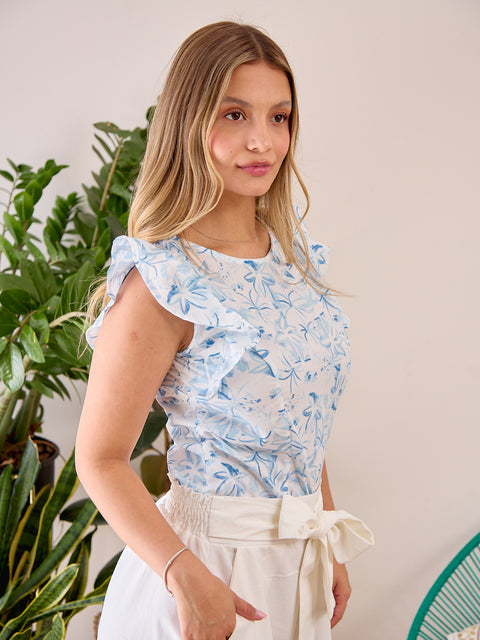 Camiseta Manga Sisa con Boleros Flores Azules