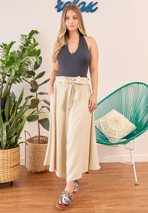 Pantalón Tipo Culotte Pretina Ancha Caqui