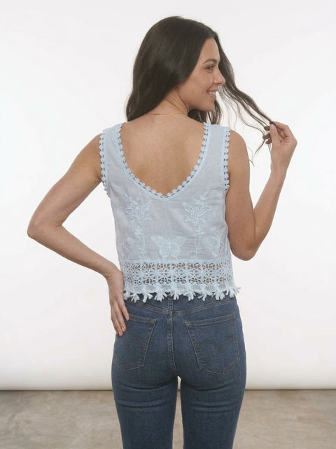 Blusa Lino Bordada Azul
