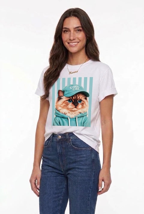 Camiseta Premium Gato Cool Beige