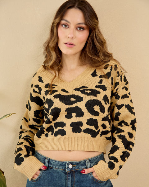 Buzo Cuello en V Animal Print Mostaza