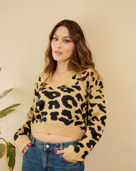 Buzo Cuello en V Animal Print Mostaza