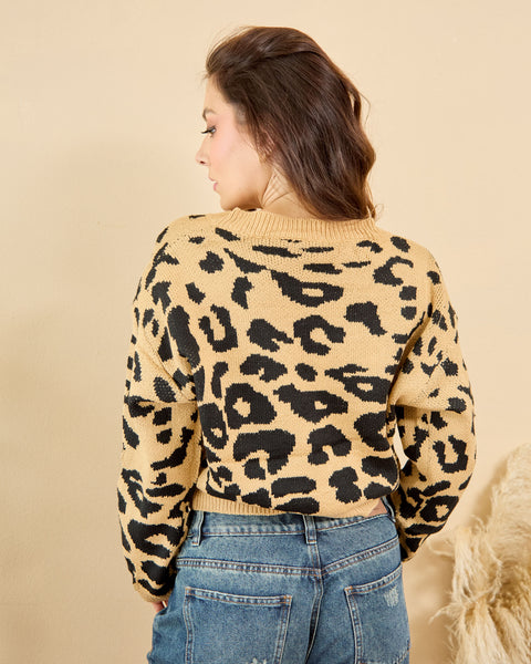 Buzo Cuello en V Animal Print Mostaza