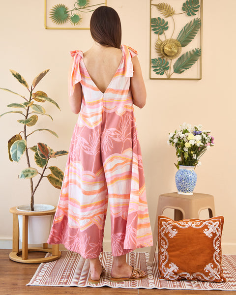 Enterizo Largo con Tiras Anudables Estampado Rosado