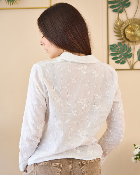 Camisa Bordada Manga Larga Blanco