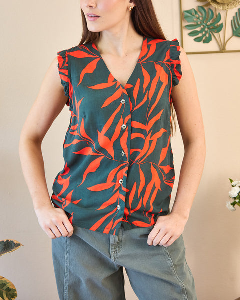 Blusa Manga Sisa con Escote en V Flores Rojas