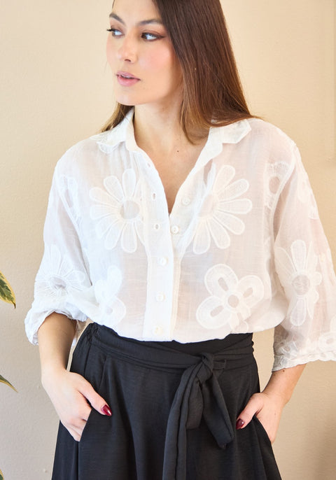 Camisa Manga Corta Bordada Blanco